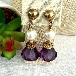 Gold Purple Drop Post Earrings Faux Pearl Faux Faceted Crystal Fashion Jewelry